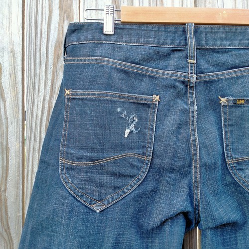 Mens Lee Jeans Slim Bob LXX Size 34 Dark Blue Button Fly Distressed *HEMMED* - Picture 6 of 7