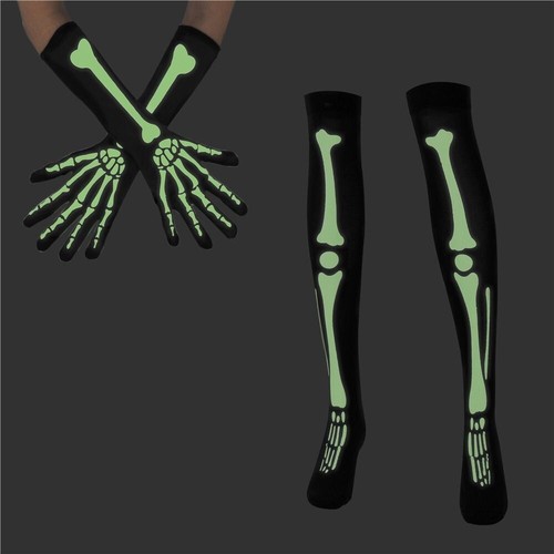 Halloween Luminous Set Skeleton Gloves Long Socks Fluorescent Costume Party Prop - Picture 8 of 14