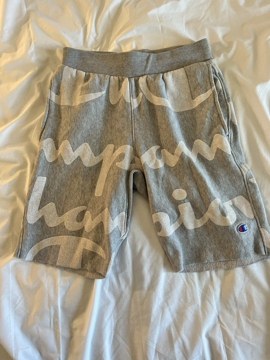Champion Reverse Weave Cut Off Sweat Shorts Grey All Over Print Logo -Size Small