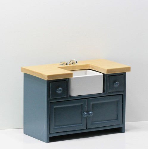 Dollhouse Miniature Farmhouse Blue Kitchen Sink Cabinet with Oak Countertop