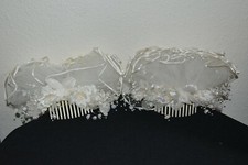 Vintage WHITE ELEGANT netting romantic beaded wedding fancy TZERS hair combs EUC