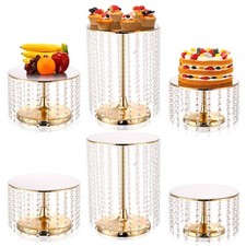 Set of 6 Metal Cake Stands with Crystal Pendant Round Dessert Display Plate C...