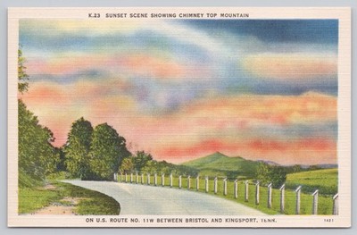 Vintage Linen Postcard Chimney Top Mountain US-11W Bristol Kingsport TN Sunset