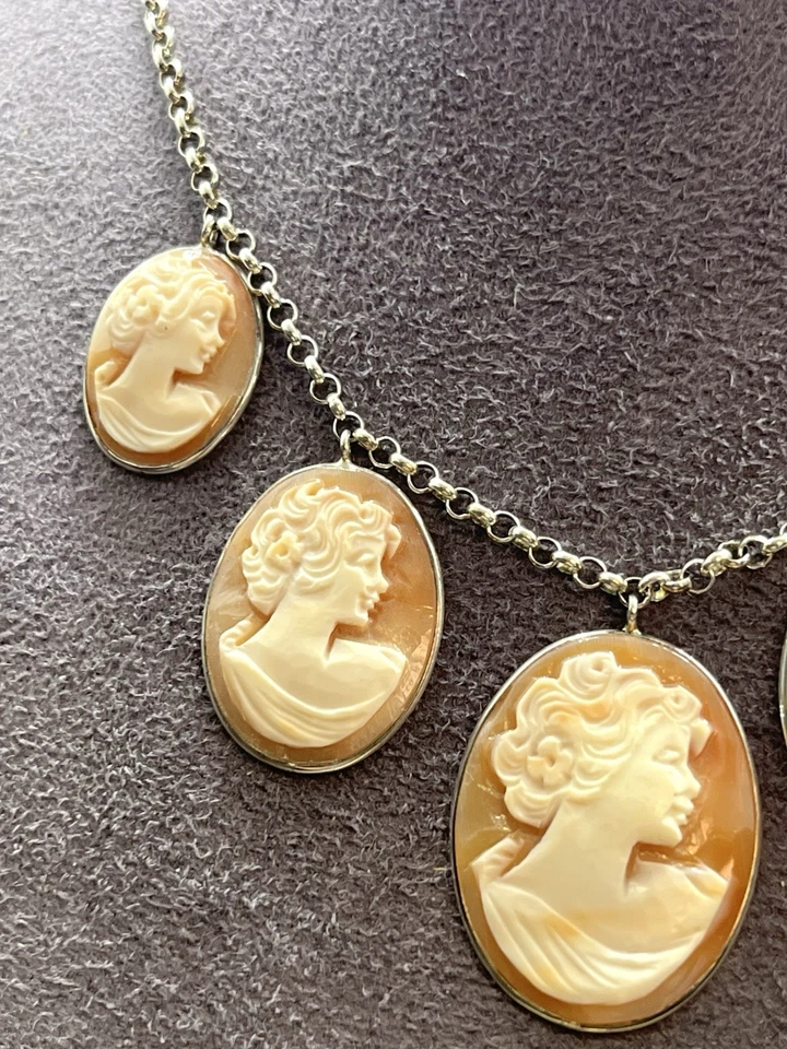 Collana In Argento 925 Con Cammei In Conchiglia Corniola 30/25/20mm Ovali - Immagine 3 di 4