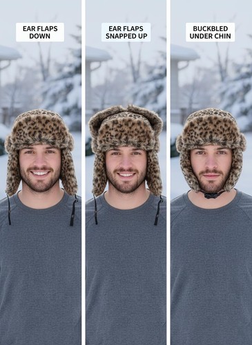 Chapeau trappeur hiver fausse fourrure - Chapeau de ski aviateur soldat avec motif animal marron - Photo 3/9