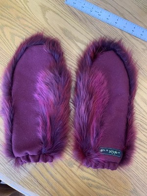 Burgundy Fox Mittens Authentic Fox Fur Hand Warmer Handmade