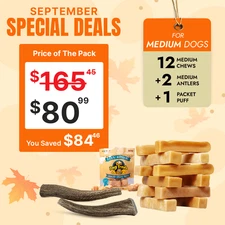 Medium Super Saver Bulk Dog Chews- 12 Yak chew, 2 Natural Antlers, 1 Cheese puff