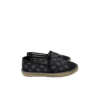 Chanel CC Monogram Logo Black Mesh Grosgrain Cap Toe Espadrilles Size 41