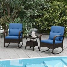 3 Piece Outdoor Rocking Set Rattan Rocker Chairs w/ Tempered Glass Coffee Table