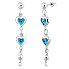 925 Sterling Silver Love Heart Evil Eye Protection Dangle Drop Earrings. 2.25"