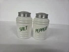 Vintage Hazel Atlas Milk Glass Beehive Salt and Pepper Shakers Green Lettering