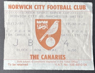 Norwich City v Manchester United ticket stub 11/12/1985 Screen Sport Sup Cup
