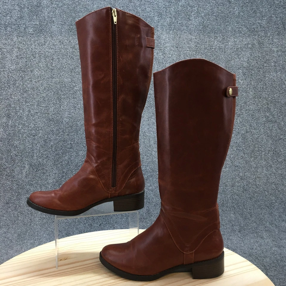 Merona Boots Womens 8 Bonnie Cognac Riding Brown Faux Leather Side Zip Block - Image 2 of 4