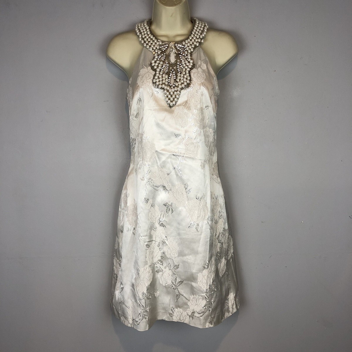 cache white beaded dress Cache Bead Jewel Pearl Dress White Silver sz 4 Wedding Prom halter