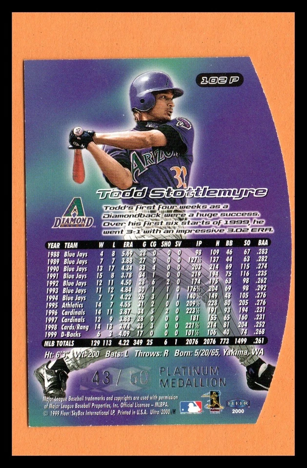 Medallón de platino Todd Stottlemyre Fleer Ultra 2000 #102P 43/50 casi nuevo-como nuevo Foto 2 de 2