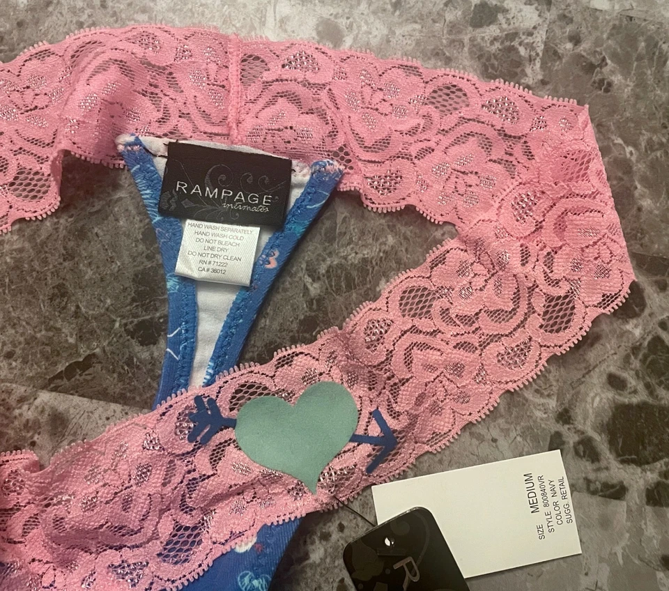 NUEVO CON ETIQUETAS RAMPAGE MEDIO AZUL ROSA CORAZÓN ESTRELLA ENCAJE BANDA VINTAGE RARO TANGA BRAGAS Foto 3 de 4
