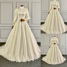 Muslim Wedding Dresses Simple Long Sleeves Satin High Neck Bridal Ball Gowns