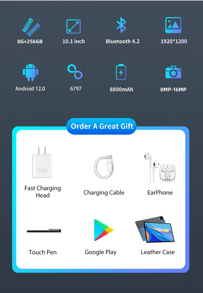 New Tablet 10. 1 inch 8G+256G ROM Android 12 Wifi 5G/4G Dual SIM Bundle Keyboard - Image 3 of 4