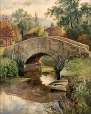 Old Stone Bridge & Rowboat | Serene Country Water Scene | Museum Fine Art Print
