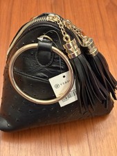 Triangle Black Ostrich Pleather Clutch Purse With Two Tassels - NWT