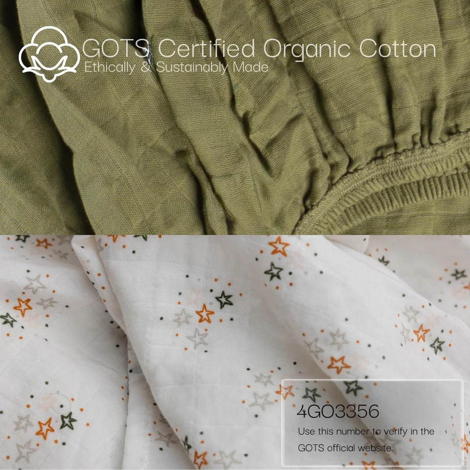 Sábana bajera ajustada estándar de muselina 100 % algodón orgánico, 52"x28", paquete de 2 suaves B... Foto 2 de 4