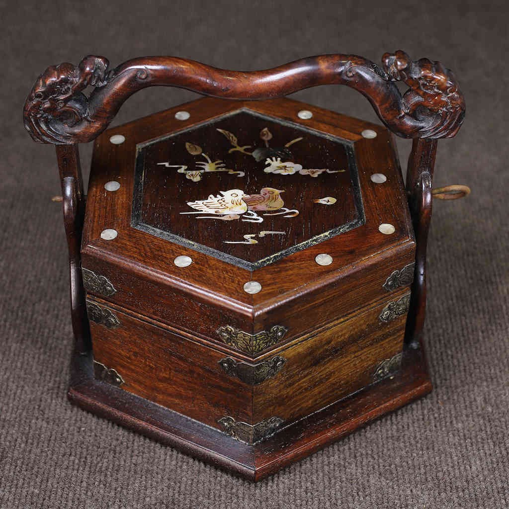 Cajas de pato mandarín talladas a mano con incrustaciones de palo de rosa natural chino 8690