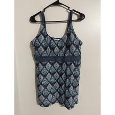 Blue Floral Damask Tankini Swim Top Adjustable Straps Plus Size 4XL