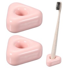 2 Pcs Mini Ceramics Toothbrush Holder Stands Triangle Shape Pink