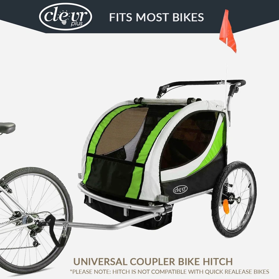 ClevrPlus Deluxe 3 en 1 Doble Asiento Bicicleta Remolque Cochecito Jogger para Niños, Verde Foto 3 de 4