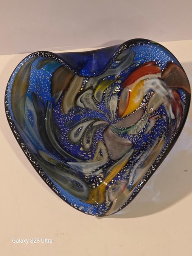 Große Murano Glas Tutti Frutti MCM Herzform Schale 50er Jahre Kobaltblau Sockel