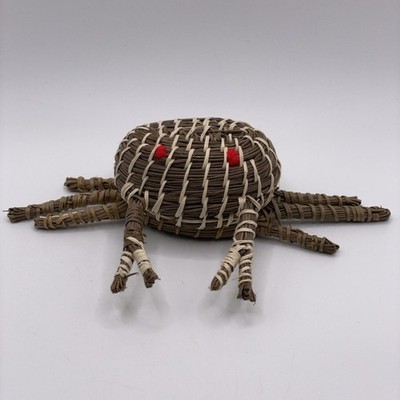VTG Handmade Straw Woven Crab Trinket Box Red Eyes Beach Ocean Tropical Decor