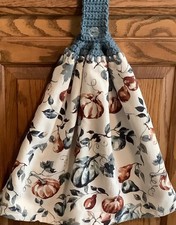 Double hanging kitchen towel fall autumn pumpkin pear crocheted blue top
