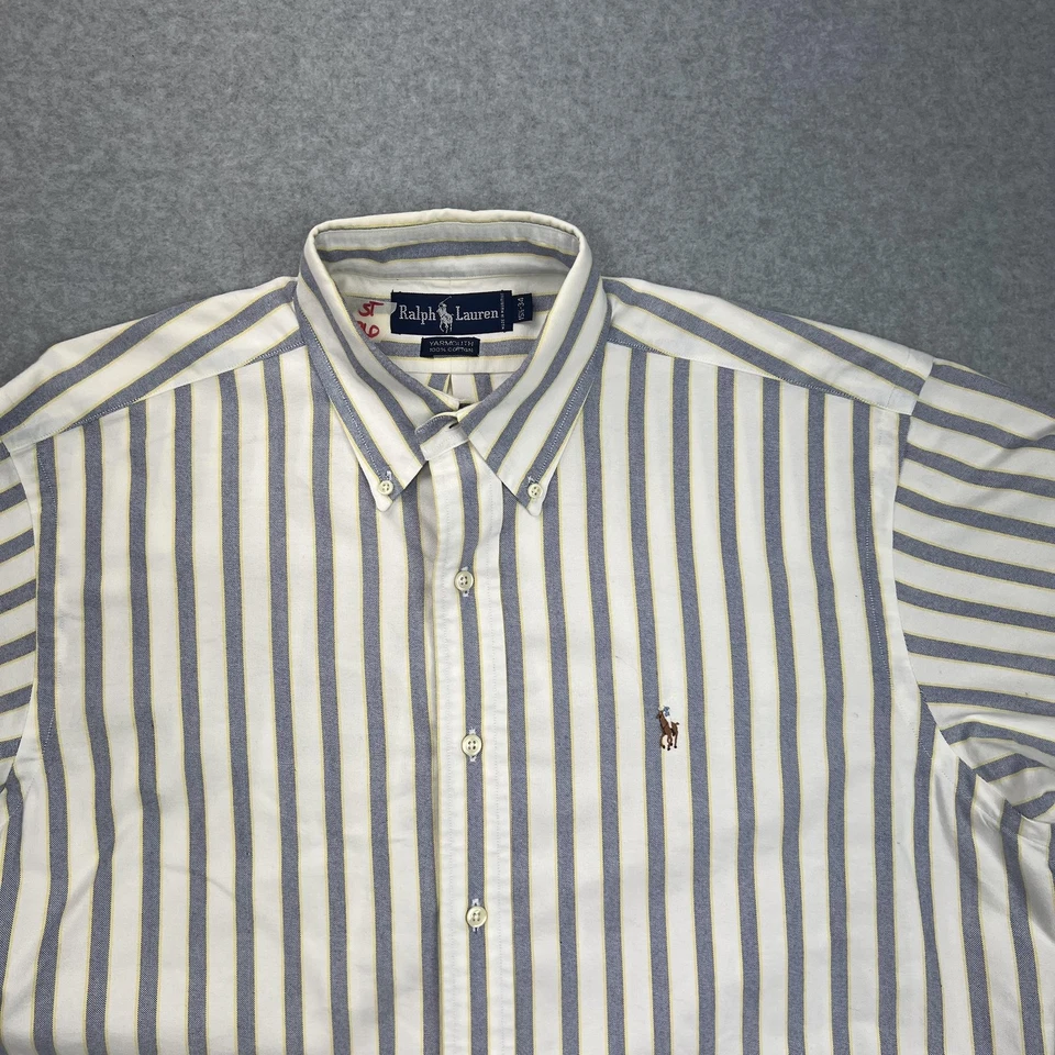 Camisa Ralph Lauren Yarmouth Para Hombres 15.5-34 Blanco Azul Rayas Abotonada Preppy Foto 3 de 4