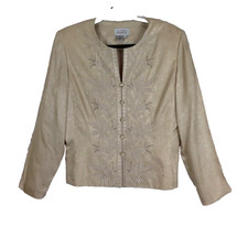 Adrianna Papell Jacket Blazer 12 Silk Embroidered Beige Elegant Classic Vintage