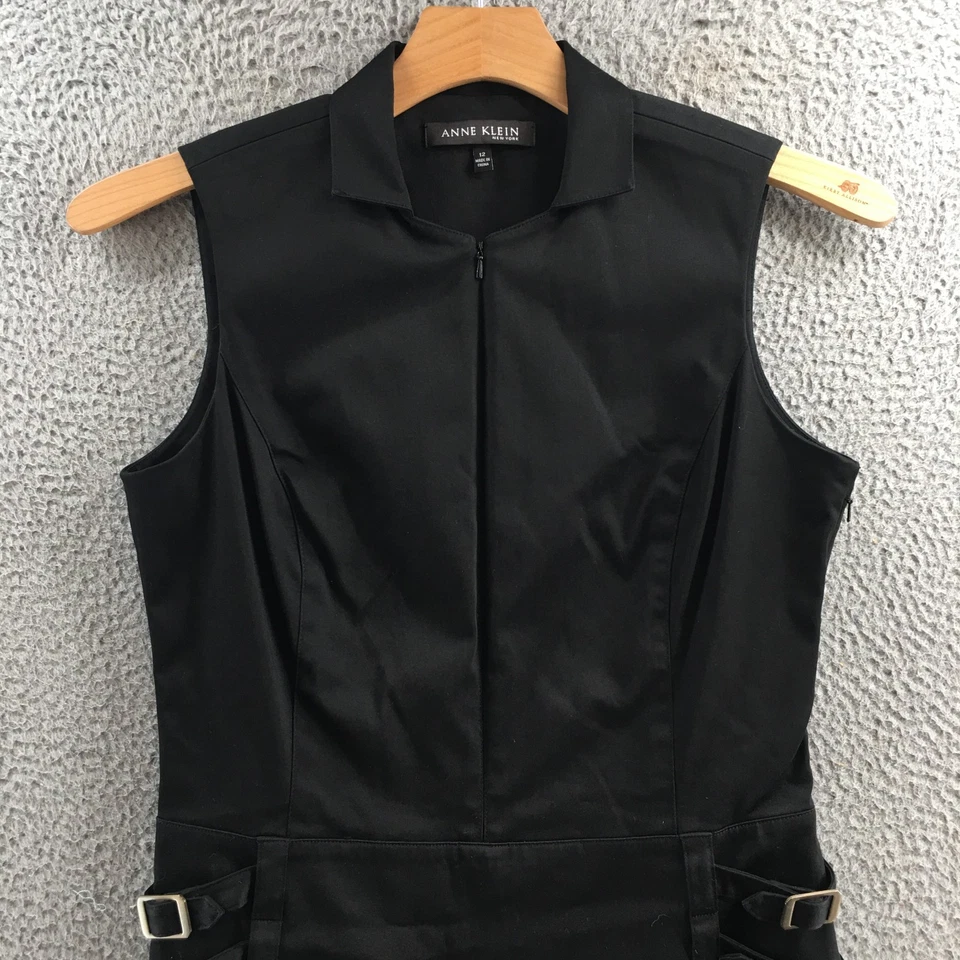Vestido Anne Klein para mujer 12 negro sin mangas cremallera frontal hebilla cintura plisado Foto 2 de 4