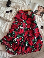 Tu Red  Black Floral Print Tiered Midi Skirt Size 20