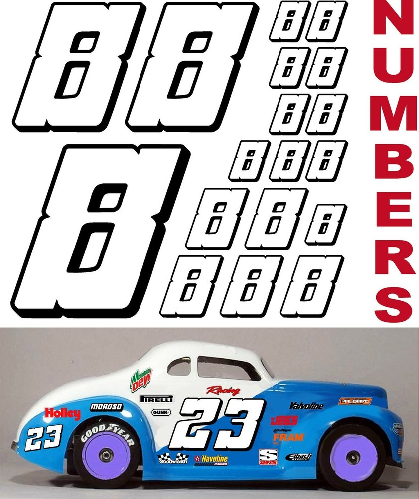 WHITE w/Black (#8's) Racing Numbers Decal Sticker Sheet 1/8-1/10-1/12 Kyosho