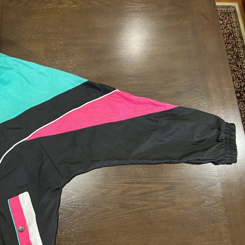 Vintage 80s Windbreaker Jacket Womens Sz L Full Zip Active Code Black Teal Pink - Picture 4 of 8