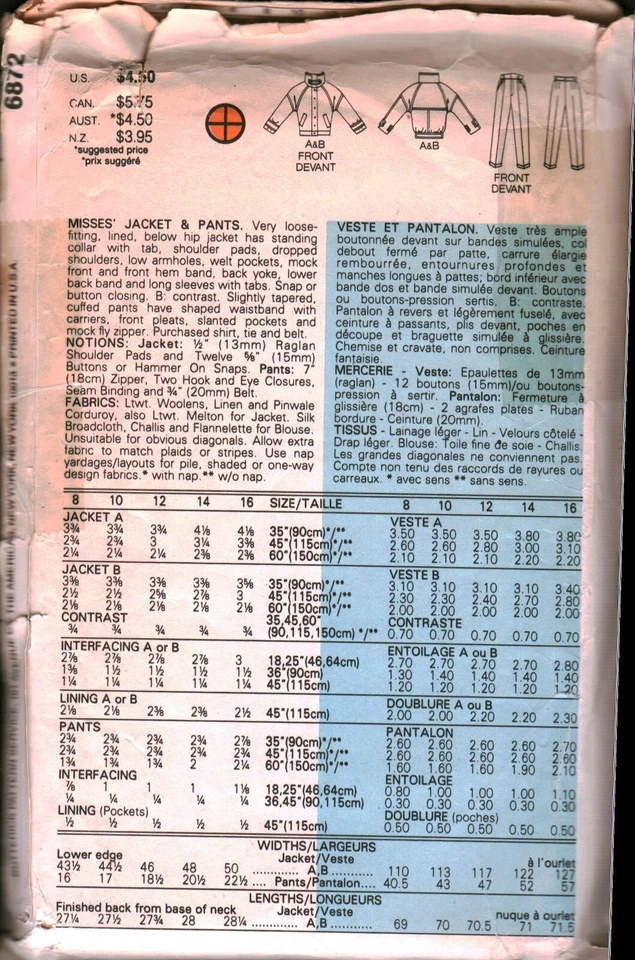 6872 Vintage Butterick SEWING Pattern Misses 1980s Jacket Pants Ellen Tracy 12 - Image 2 of 2