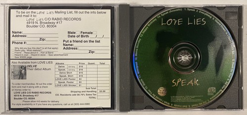 Love Lies - Speak CD (1995, Rabid Records) Colorado Alt/Indie Rock, OOP - Picture 2 of 3