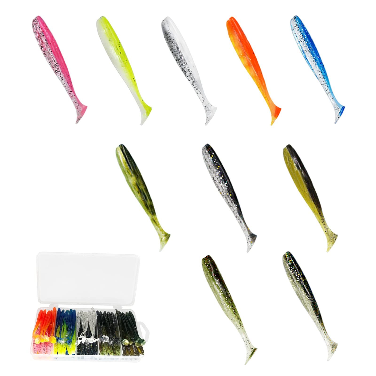 Lanmoon 2.75 Inch Paddle Tail Swimbaits Fishing Lures 100pcs Set with Storage Box