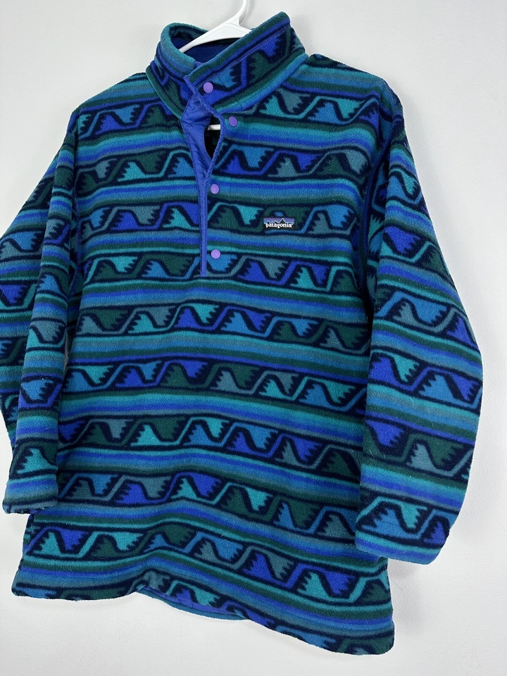 VTG Patagonia Kids Aztec Waves Fleece 1/4 Snap T Pullover Size 12 Made USA READ - Image 4 of 4