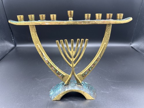 UNIQUE VINTAGE MID CENTRY MODERN MCM SOLID BRASS / BRONZE ENAMEL MENORAH ISRAEL! - Picture 3 of 16