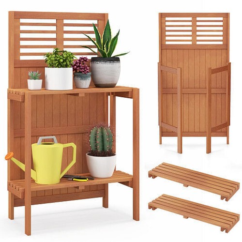 Folding Garden Potting Bench with 2-tier Storage Shelves and Teak Oil Finish for - Picture 4 of 5