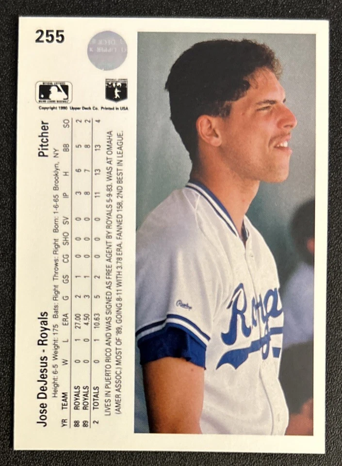1990 Upper Deck Jose DeJesus 2nd Year Baseball Card #255 Royals Pitcher VG O/C - Image 2 of 2