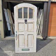 EXTERIOR ANTIQUE WOOD DOOR 3 PANES GLASS ARCH TOP 4 DEEP PANELS 36  CAN SHIP!!!