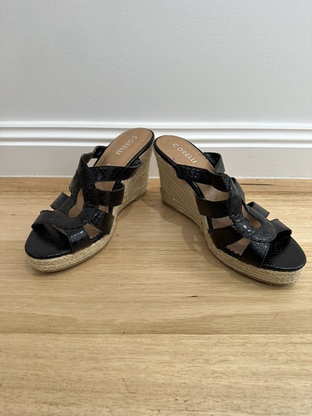 Corelli Espadrille Wedge Heel Sandals Black faux Snake Skin Size 9