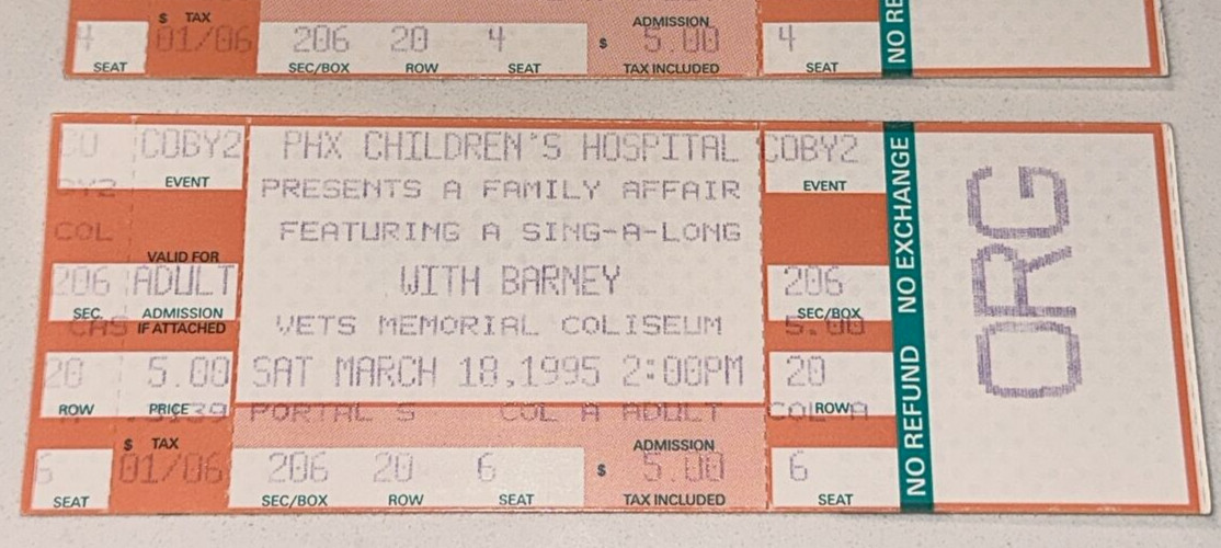 Barney Dinosaur Sing-a-long Live Show Memorial Coliseum Ticket Stub 3/10/1995