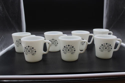 7pc PYREX Vintage Milk Glass Coffee Cup/Mug Blue Honeydew Summer
