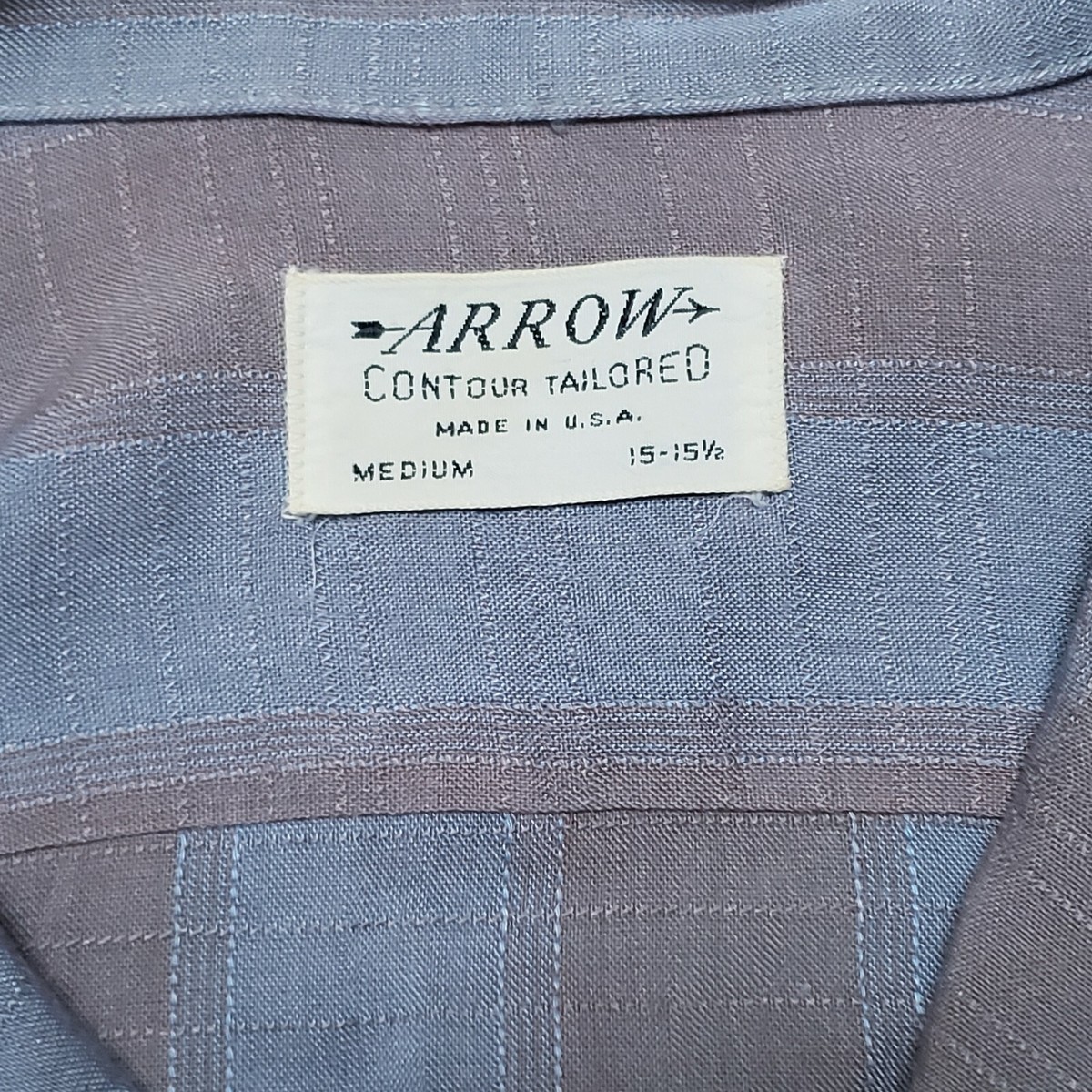 Vtg 50s 60s ARROW Rayon Shadow Plaid Stripe Loop Collar